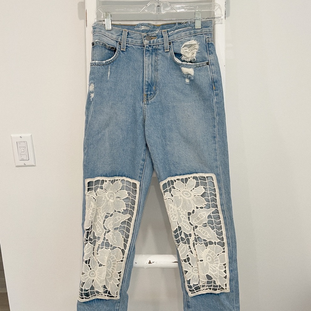 Carmar Vintage Cut Out Distressed Floral Lace High Waisted Jeans / NWOT